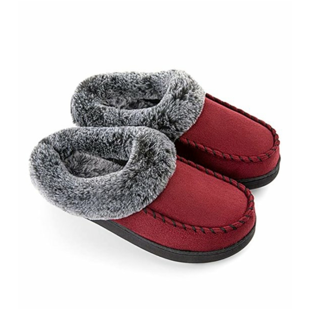 🆕RockDove Wine Red Faux Fur-Trim Moccasin Slippers